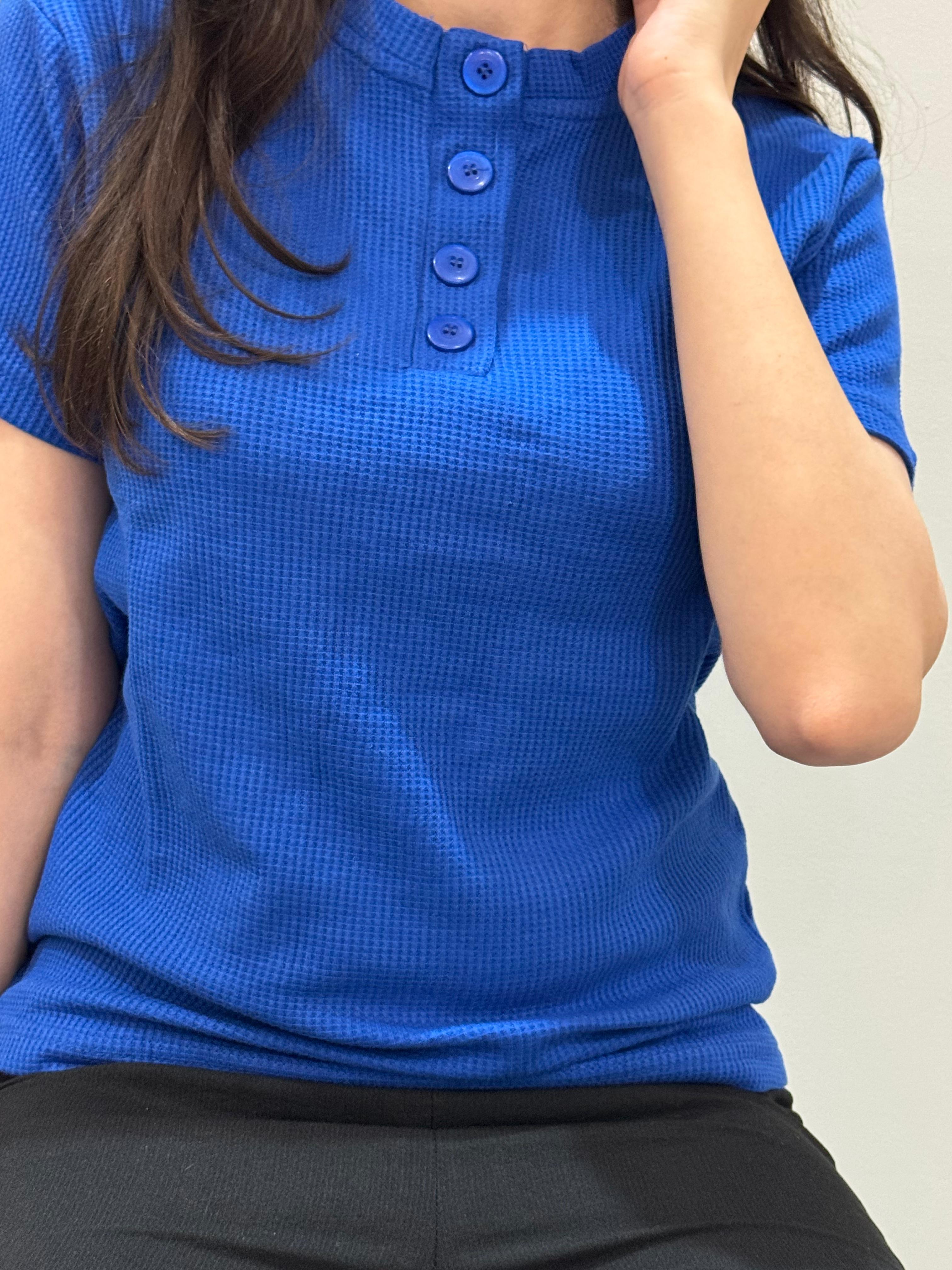 TheFlexo Rib Knit Button Tee - Royal Blue - Half Sleeves