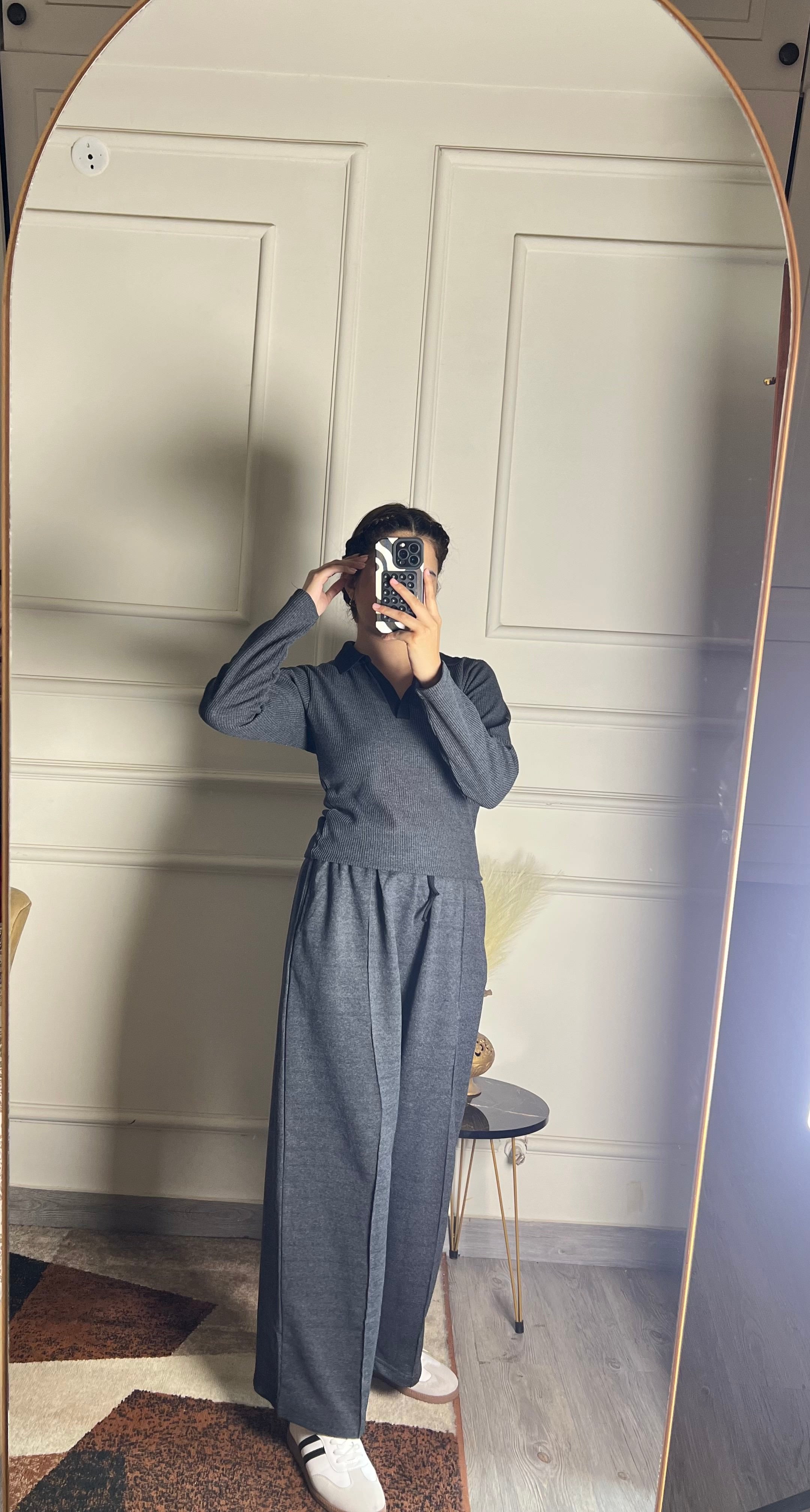 TheFlexo Full Sleeve Ribbed Knit Polo Thermal Top - Charcoal