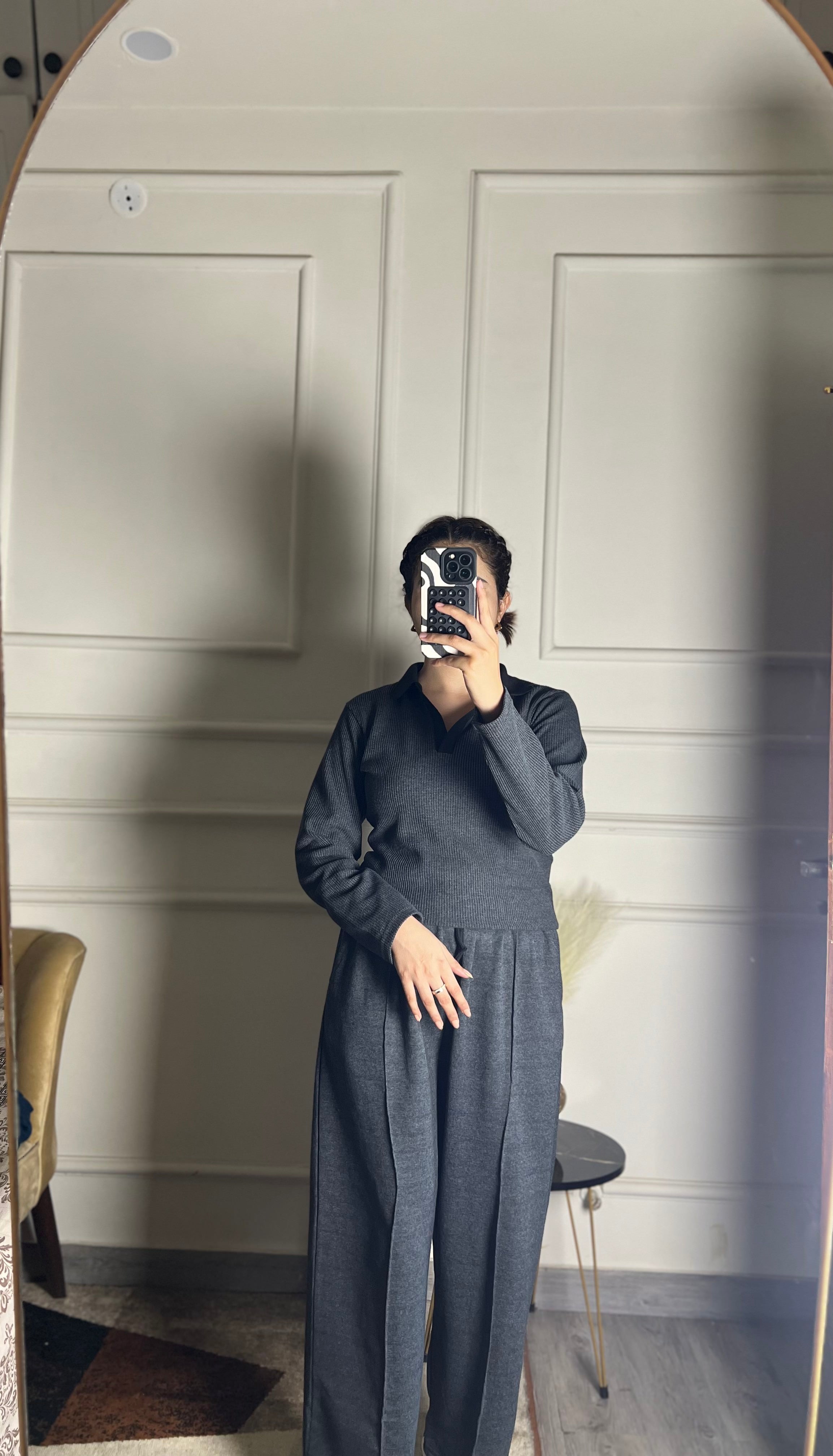 TheFlexo Full Sleeve Ribbed Knit Polo Thermal Top - Charcoal