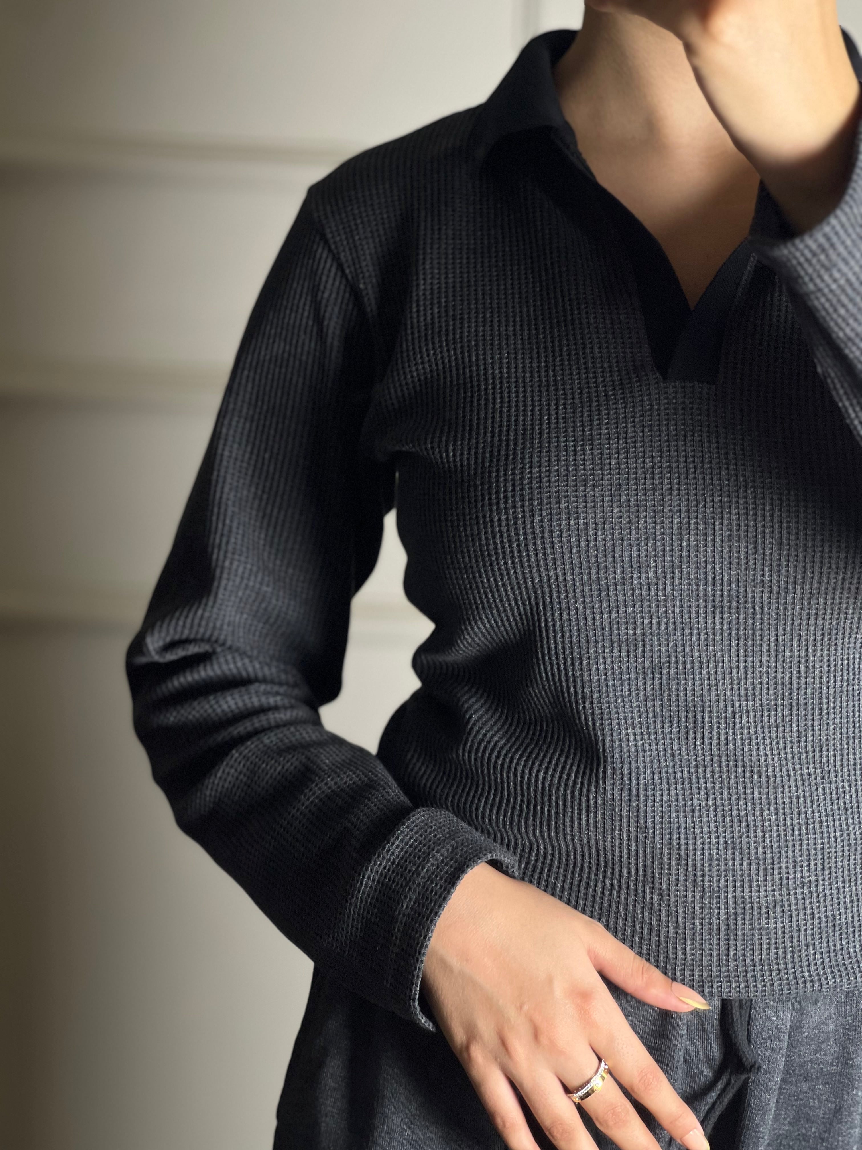 TheFlexo Full Sleeve Ribbed Knit Polo Thermal Top - Charcoal