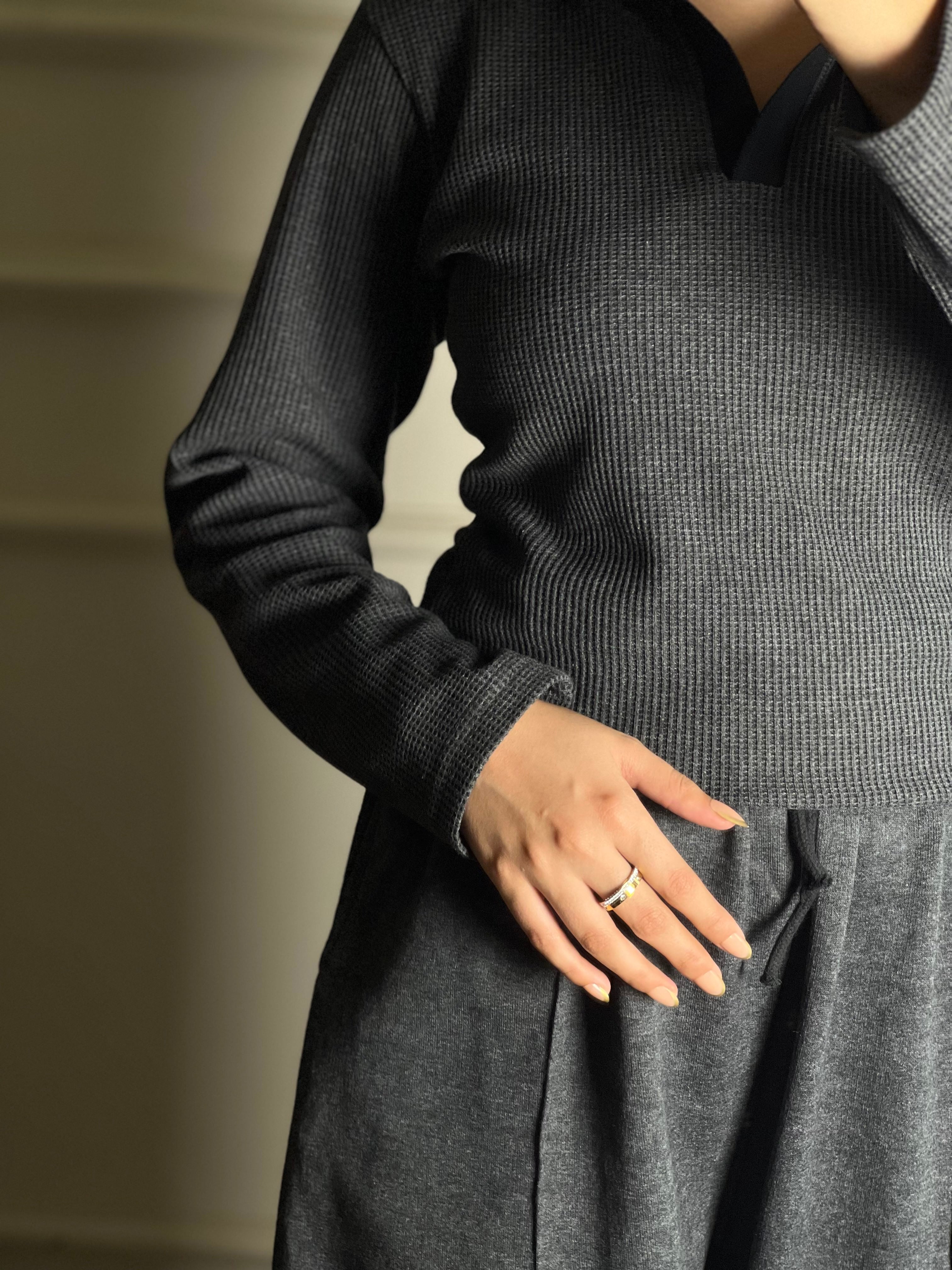 TheFlexo Full Sleeve Ribbed Knit Polo Thermal Top - Charcoal