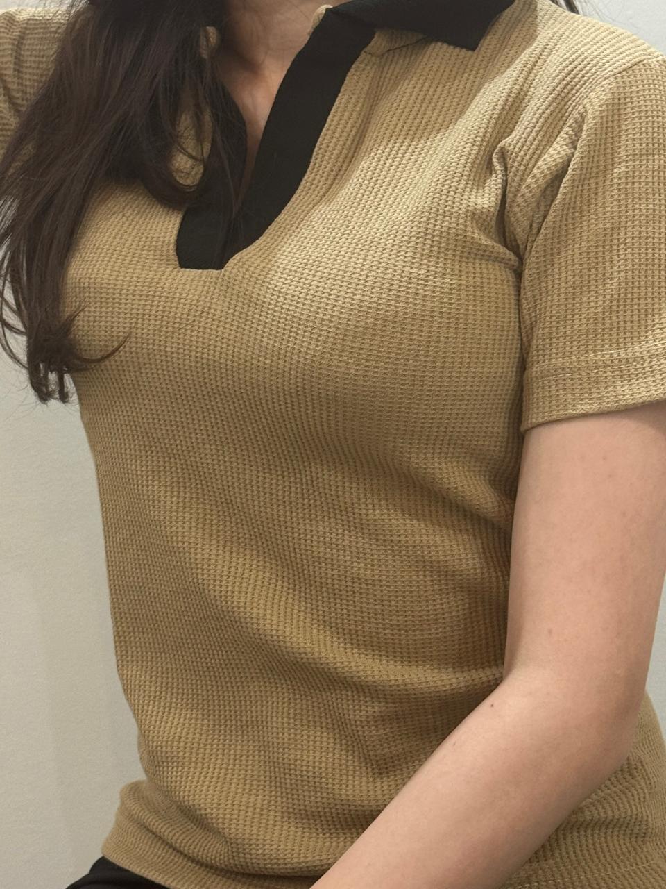 TheFlexo Half Sleeve Ribbed Knit Polo Thermal Top - Camel Brown - (Short Sleeves)