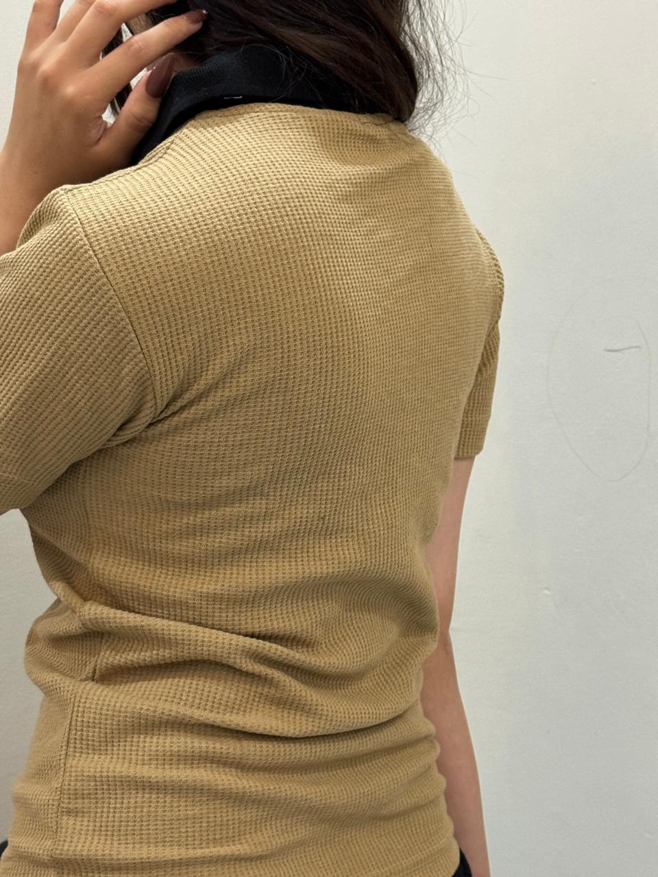 TheFlexo Half Sleeve Ribbed Knit Polo Thermal Top - Camel Brown - (Short Sleeves)