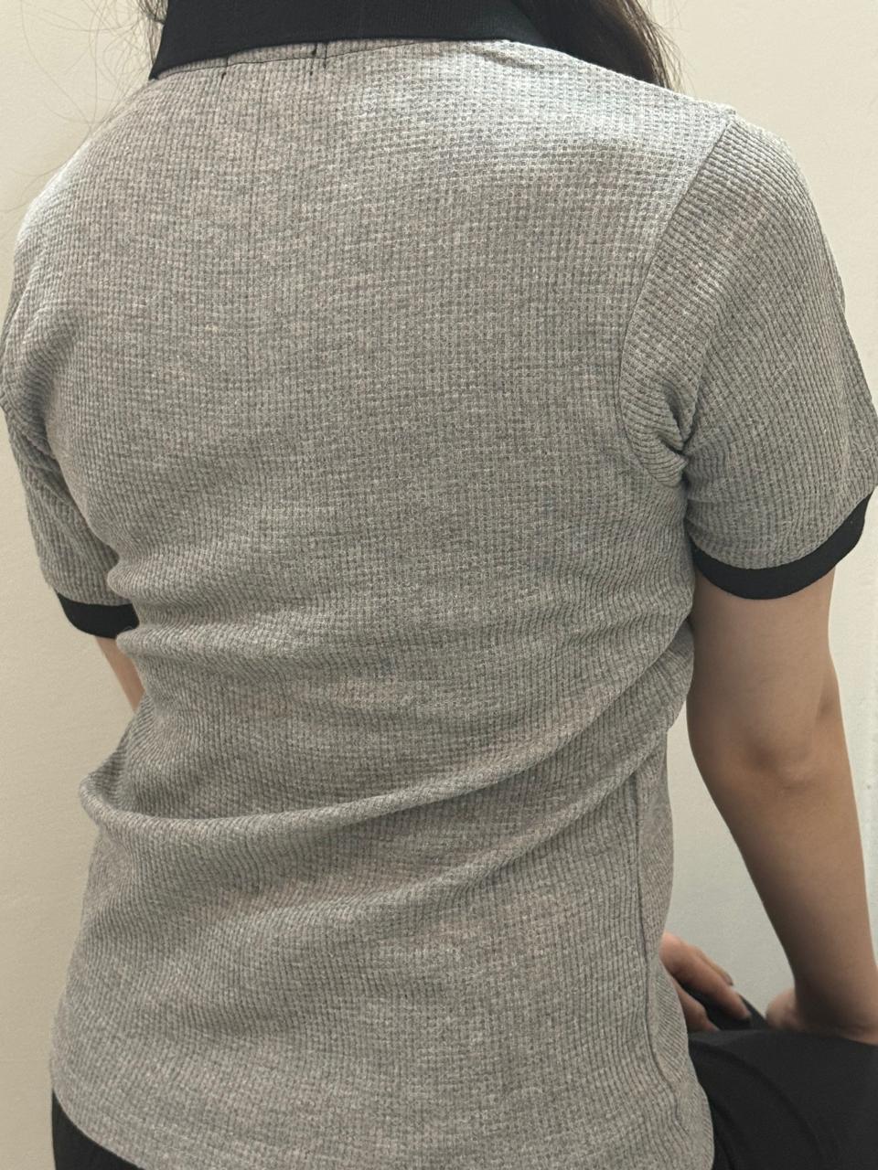 TheFlexo Half Sleeve Ribbed Knit Polo Thermal Top - Grey - (Short Sleeves)