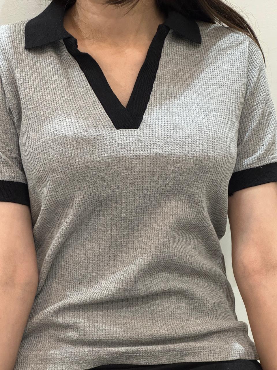 TheFlexo Half Sleeve Ribbed Knit Polo Thermal Top - Grey - (Short Sleeves)