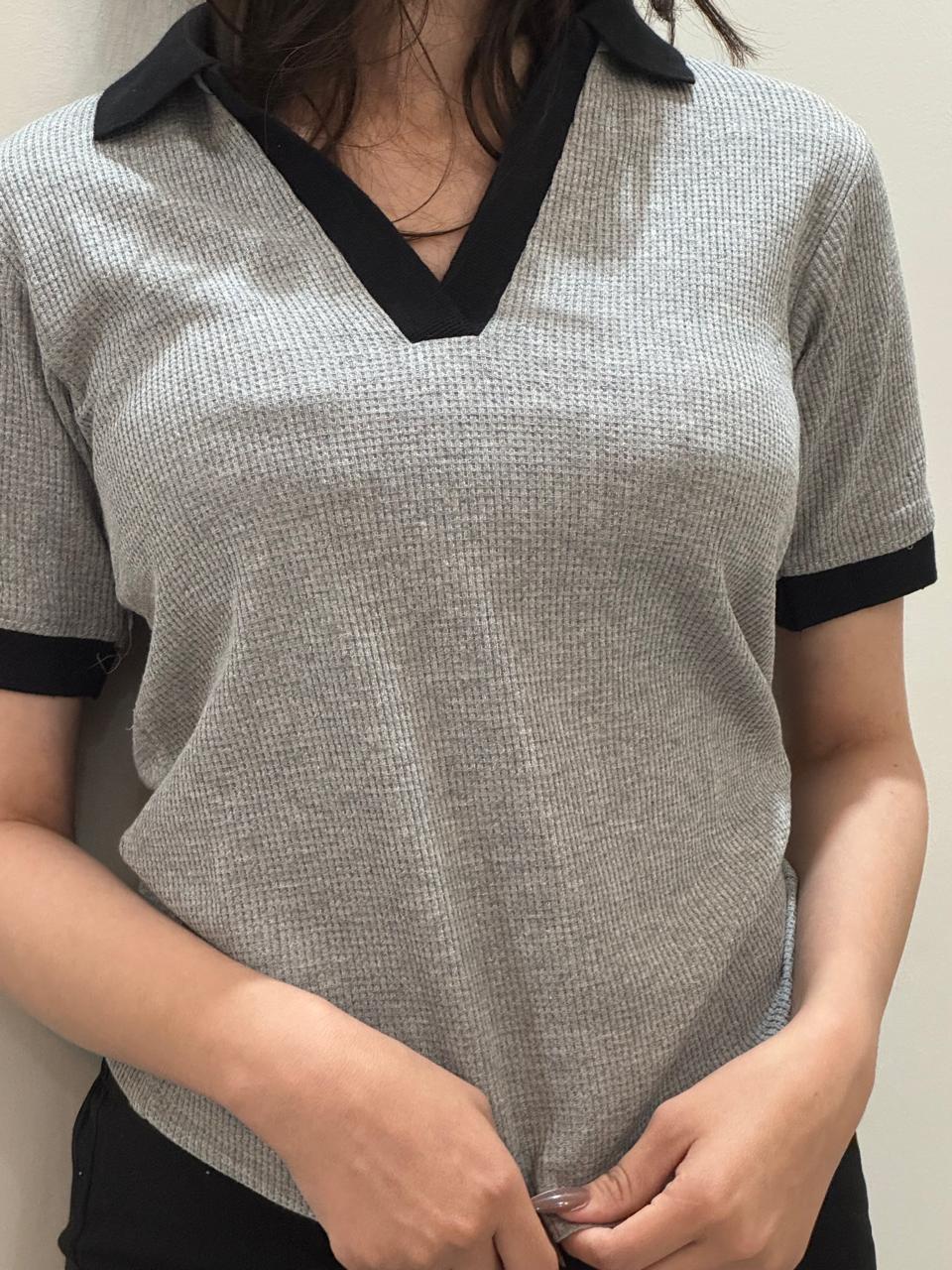 TheFlexo Half Sleeve Ribbed Knit Polo Thermal Top - Grey - (Short Sleeves)