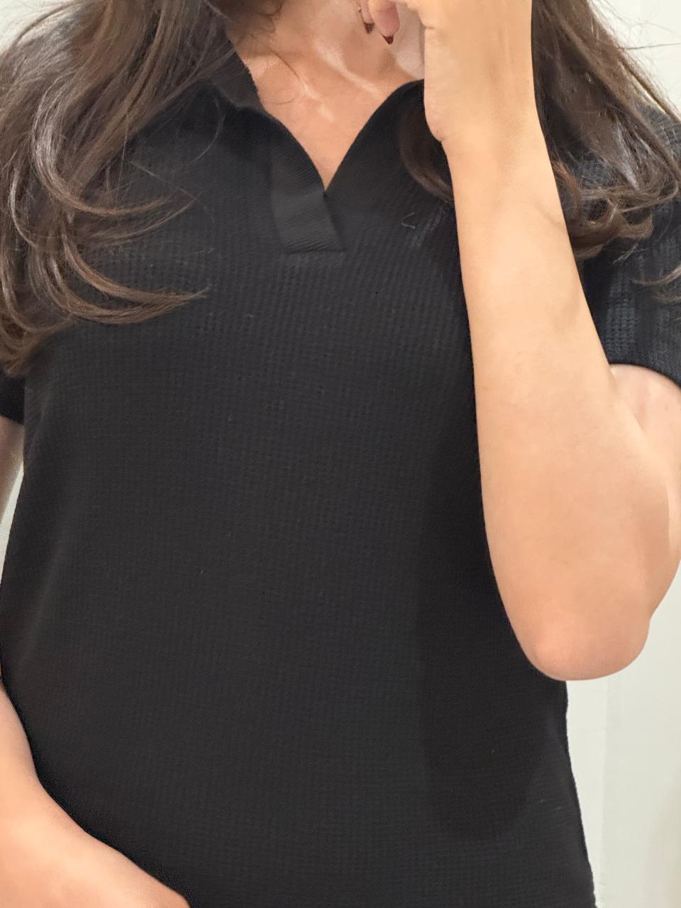 TheFlexo Half Sleeve Ribbed Knit Polo Thermal Top - Black - (Short Sleeves)