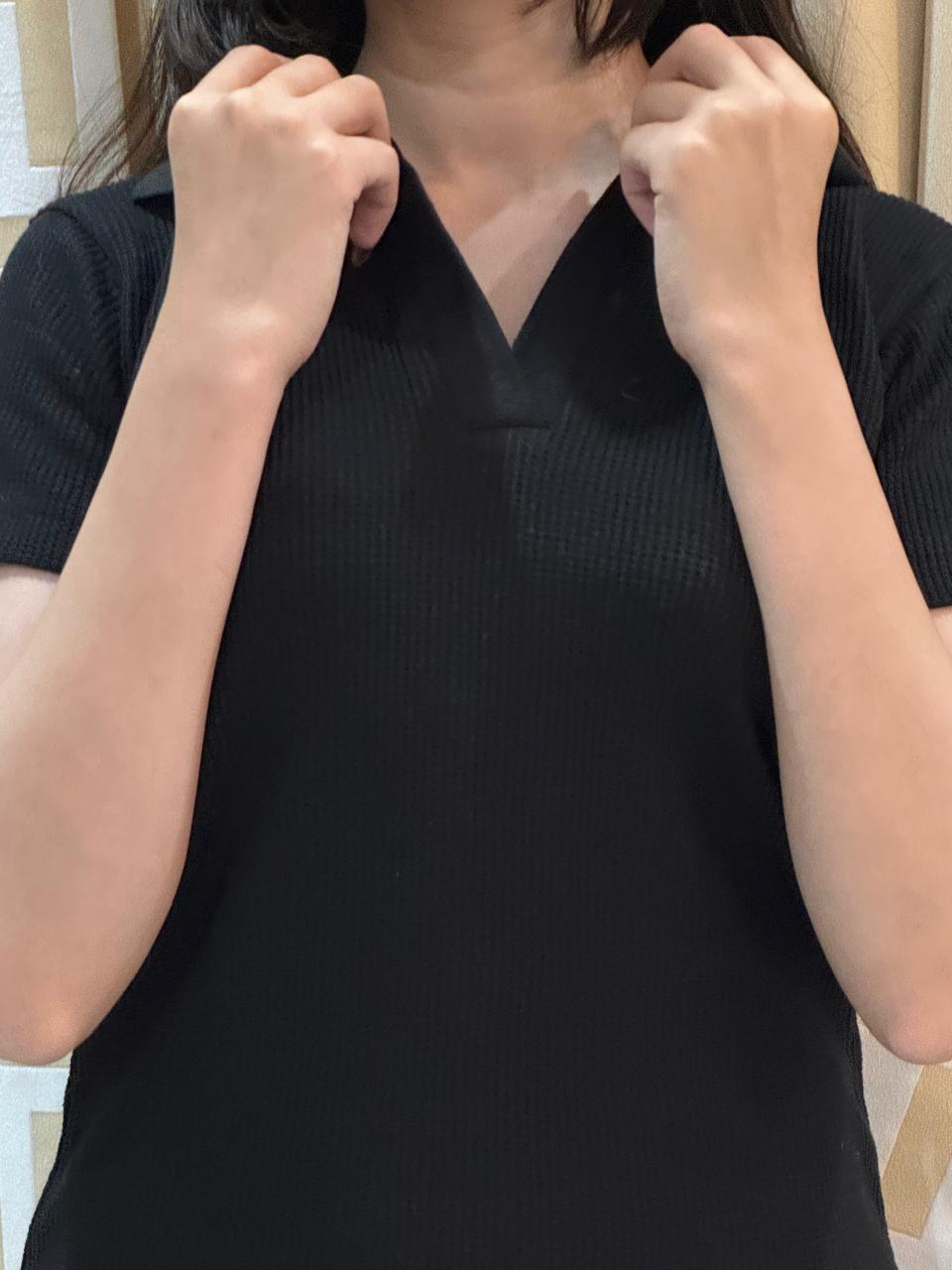 TheFlexo Half Sleeve Ribbed Knit Polo Thermal Top - Black - (Short Sleeves)