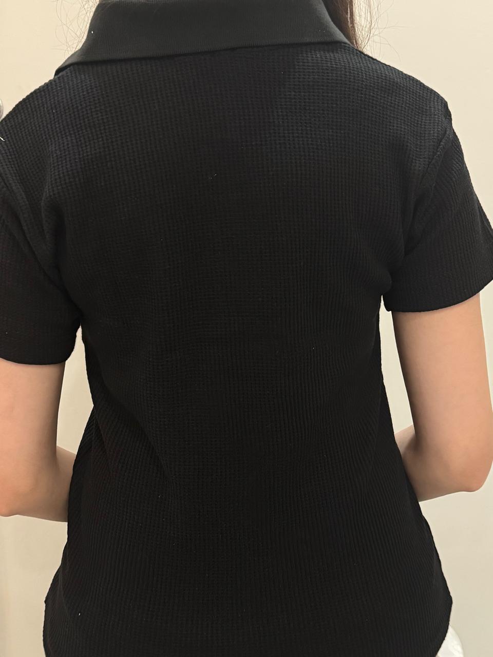 TheFlexo Half Sleeve Ribbed Knit Polo Thermal Top - Black - (Short Sleeves)