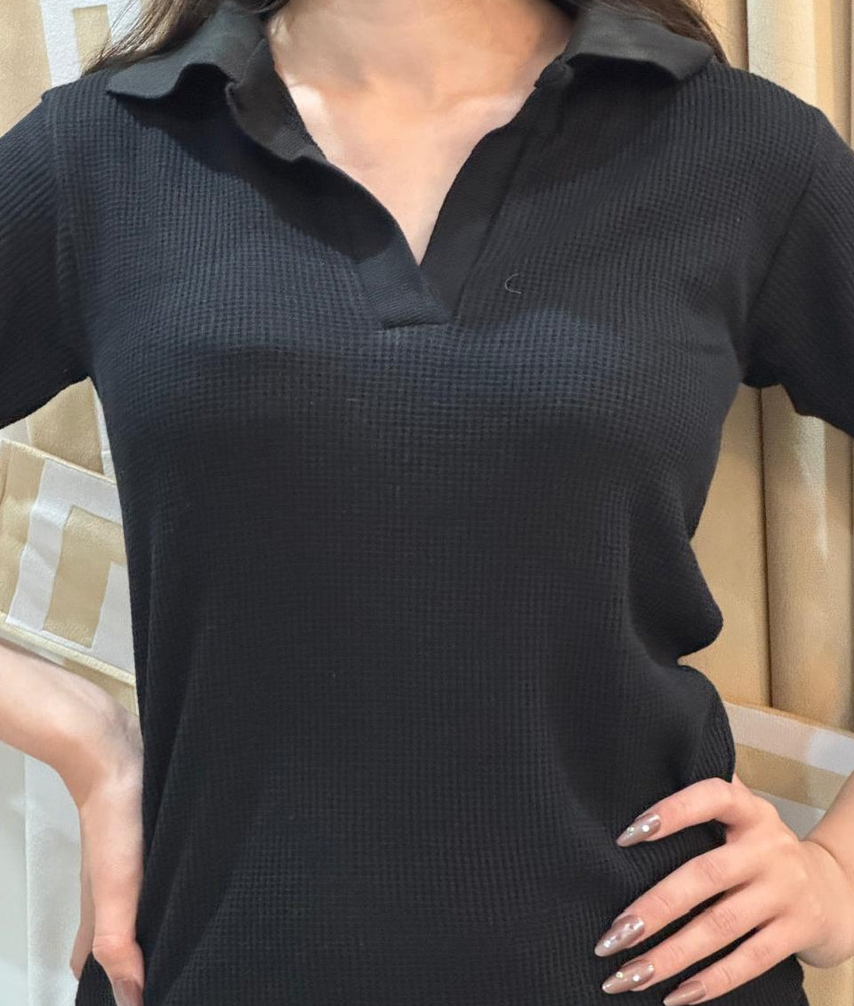 TheFlexo Half Sleeve Ribbed Knit Polo Thermal Top - Black - (Short Sleeves)