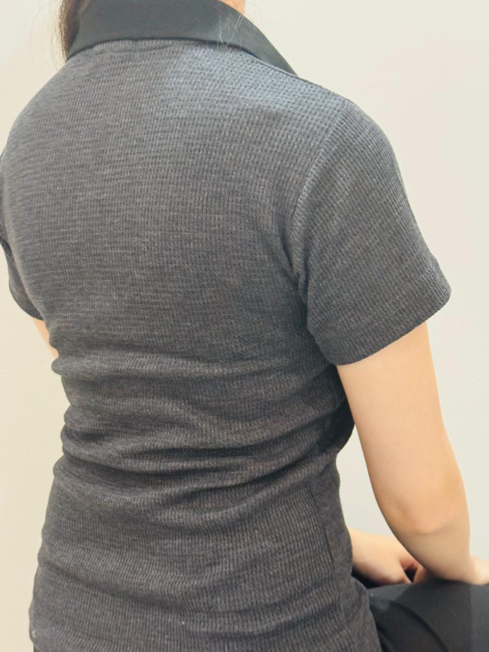 TheFlexo Half Sleeve Ribbed Knit Polo Thermal Top - Charcoal - (Short Sleeves)