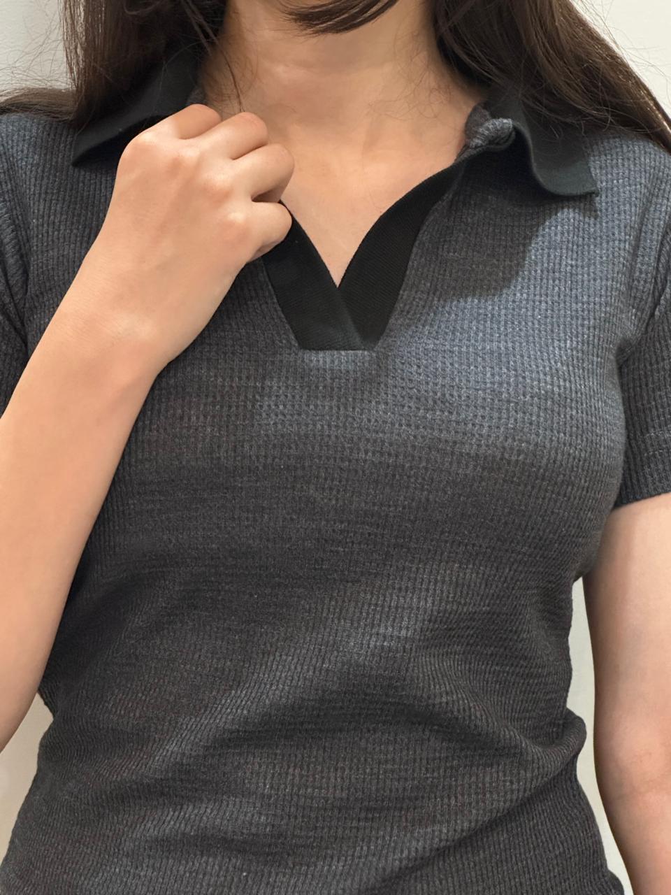 TheFlexo Half Sleeve Ribbed Knit Polo Thermal Top - Charcoal - (Short Sleeves)