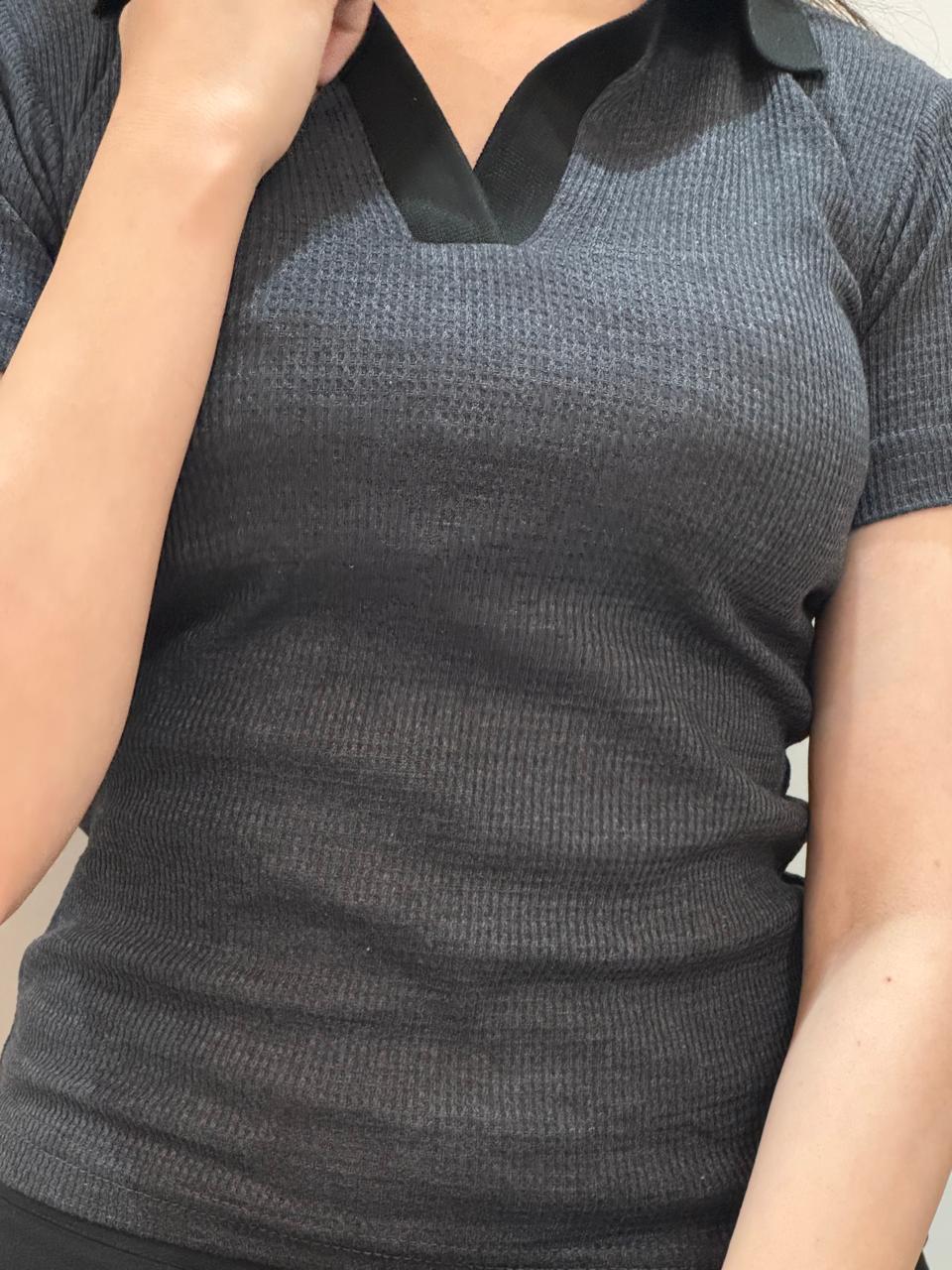 TheFlexo Half Sleeve Ribbed Knit Polo Thermal Top - Charcoal - (Short Sleeves)
