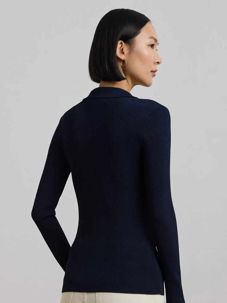 TheFlexo Full Sleeve Ribbed Knit Polo Thermal Top Navy Blue