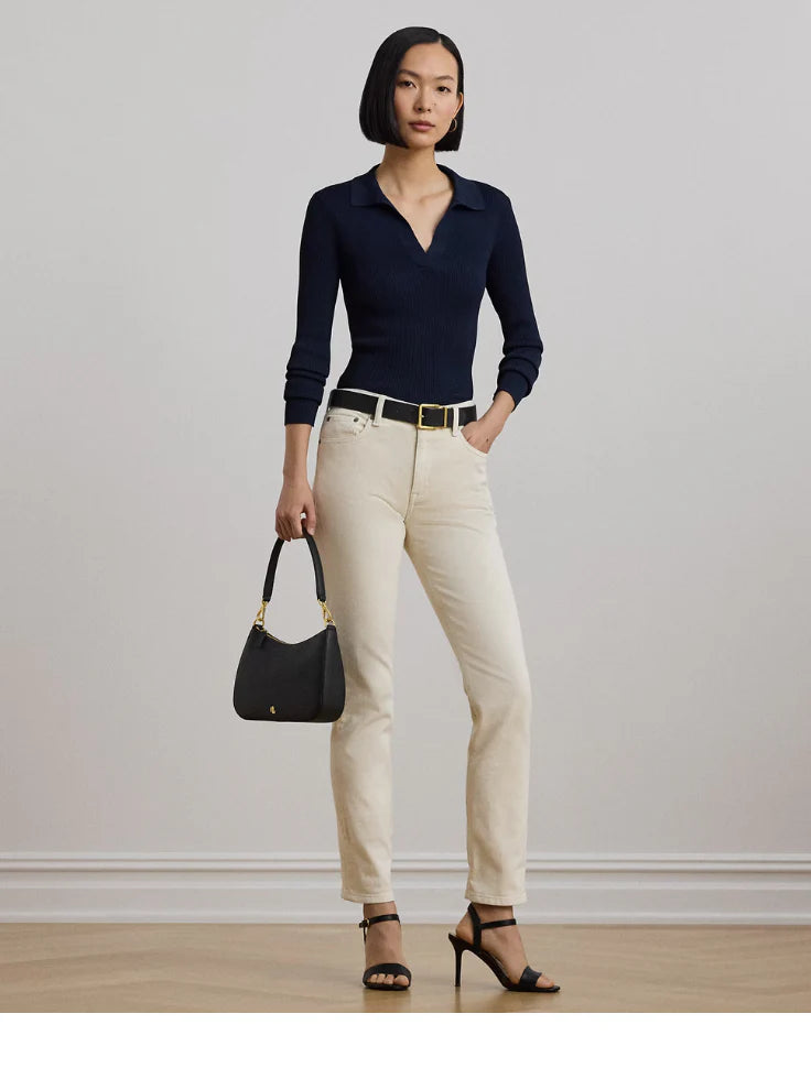 TheFlexo Full Sleeve Ribbed Knit Polo Thermal Top Navy Blue