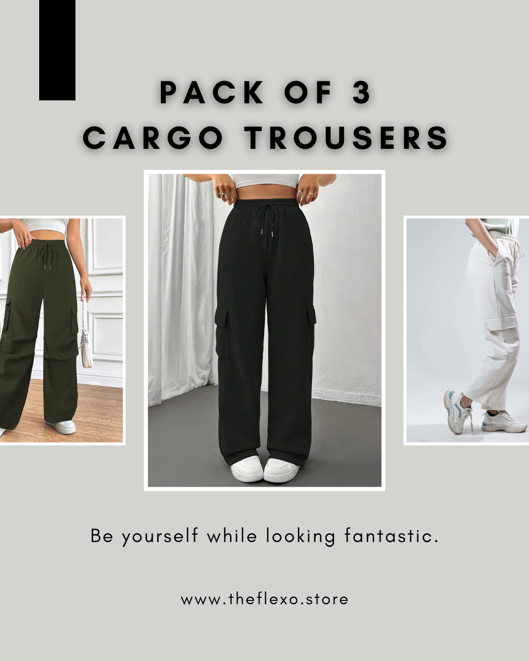TheFlexo Pack of 3 Premium Cargo Trousers – Black | Off White | Army Green