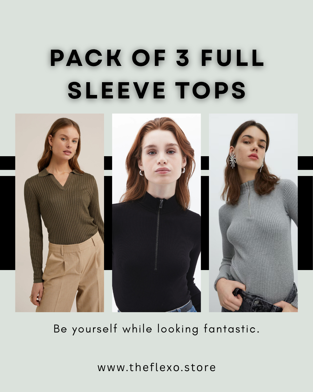 TheFlexo Pack of 3 Full Sleeve Tops – Black | Grey | Olive Green