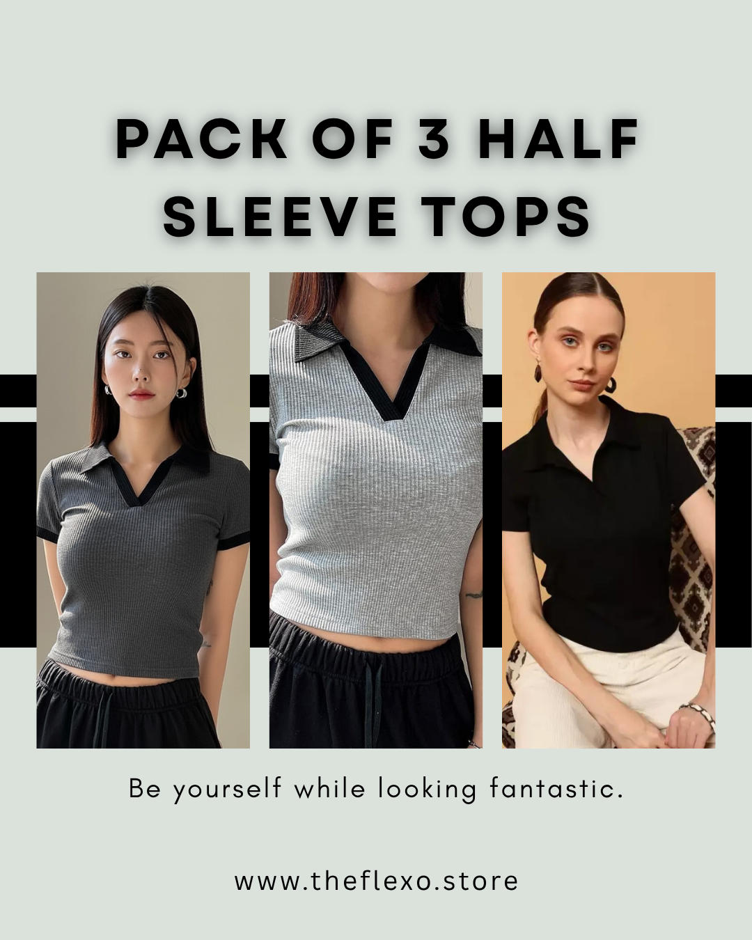 TheFlexo Pack of 3 Half Sleeve Tops – Black | Grey | Charcoal