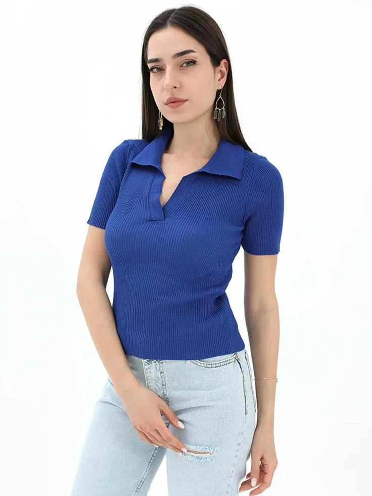 Flexo Down Collar Ribbed Knit Polo Tee -Royal Blue - (Short Sleeves)