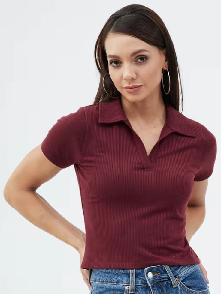 TheFlexo Half Sleeve Ribbed Knit Polo Thermal Top - Maroon - (Short Sleeves)