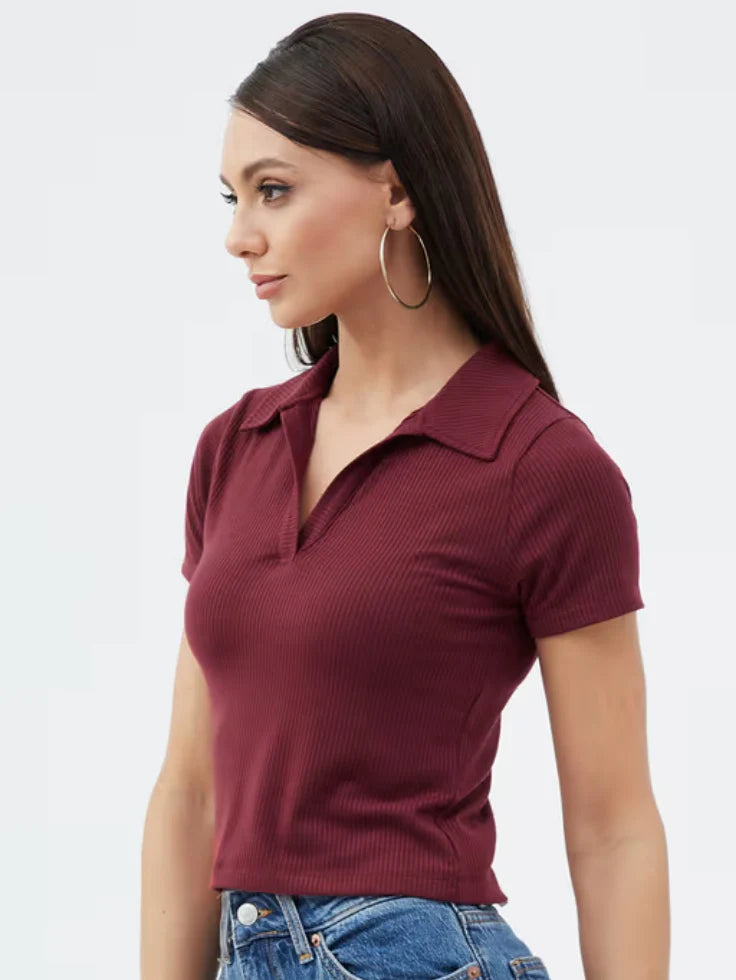 TheFlexo Half Sleeve Ribbed Knit Polo Thermal Top - Maroon - (Short Sleeves)