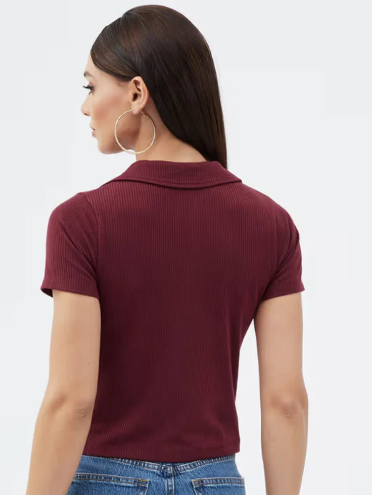 TheFlexo Half Sleeve Ribbed Knit Polo Thermal Top - Maroon - (Short Sleeves)