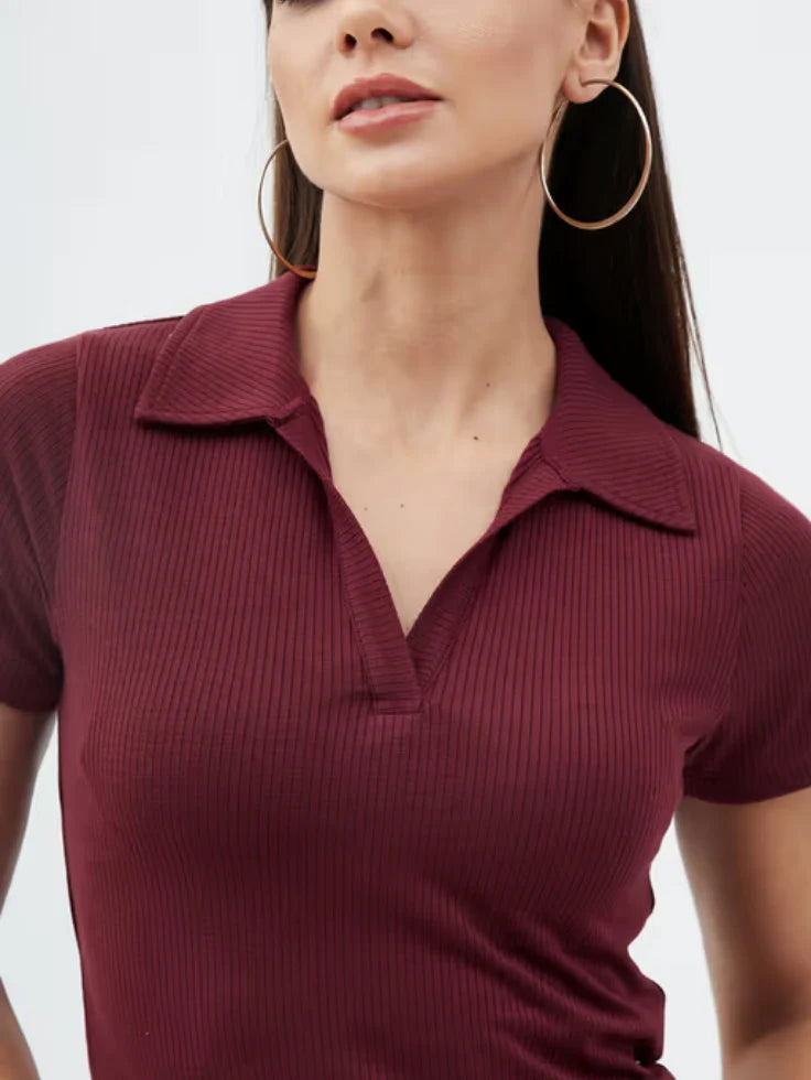 Flexo Down Collar Ribbed Knit Polo Tee - Maroon - (Short Sleeves)