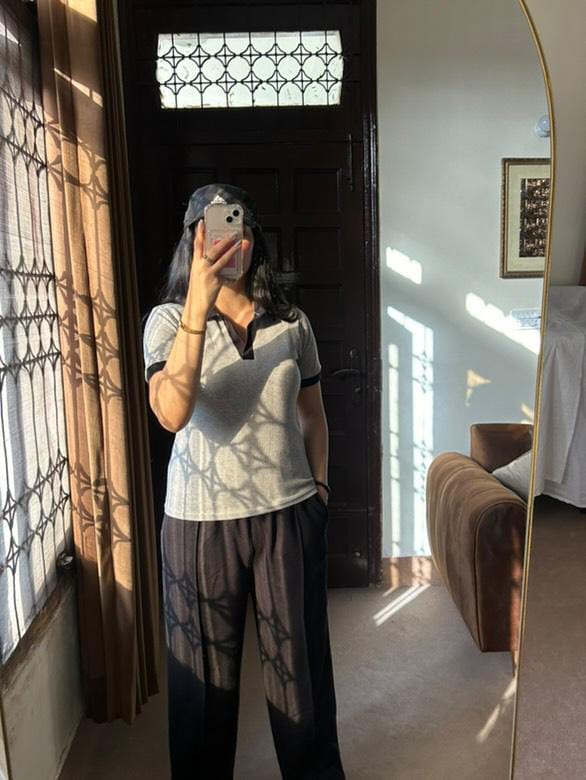 TheFlexo Half Sleeve Ribbed Knit Polo Thermal Top - Grey - (Short Sleeves)