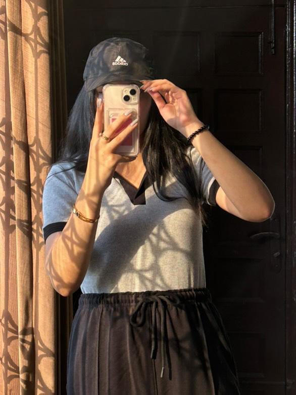 TheFlexo Half Sleeve Ribbed Knit Polo Thermal Top - Grey - (Short Sleeves)