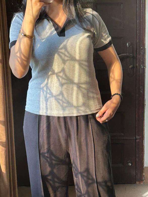 TheFlexo Half Sleeve Ribbed Knit Polo Thermal Top - Grey - (Short Sleeves)