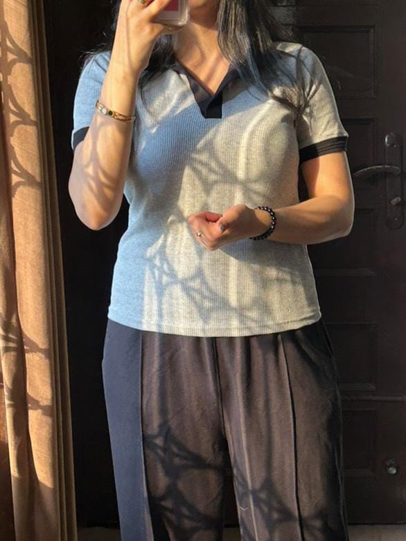 TheFlexo Half Sleeve Ribbed Knit Polo Thermal Top - Grey - (Short Sleeves)