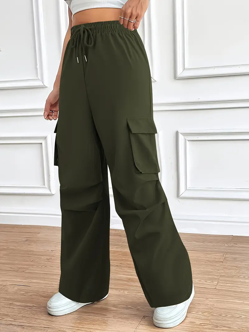"Army Green Wide-Leg High-Waist Cargo Sweatpants | Women | The Flexo"