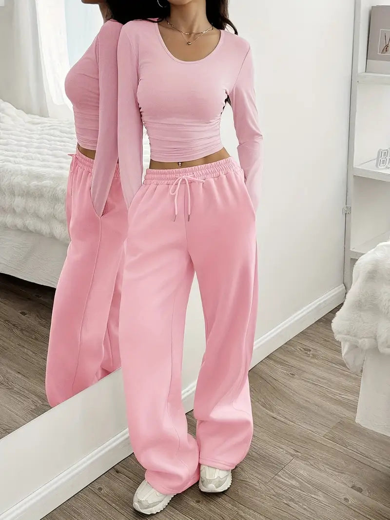 "Baby Pink Wide-Leg High-Waist Sweatpants | Women | The Flexo"