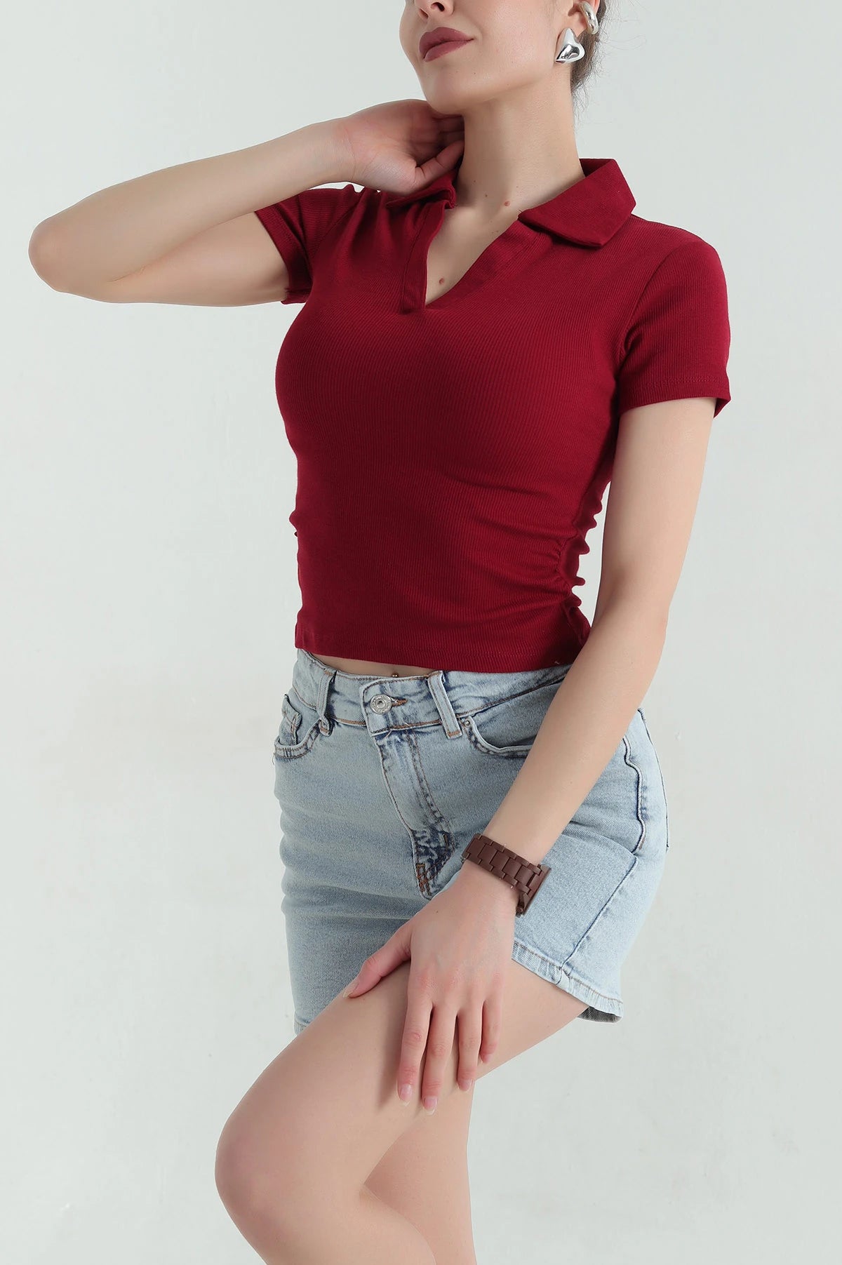 TheFlexo Half Sleeve Ribbed Knit Polo Thermal Top - Maroon - (Short Sleeves)