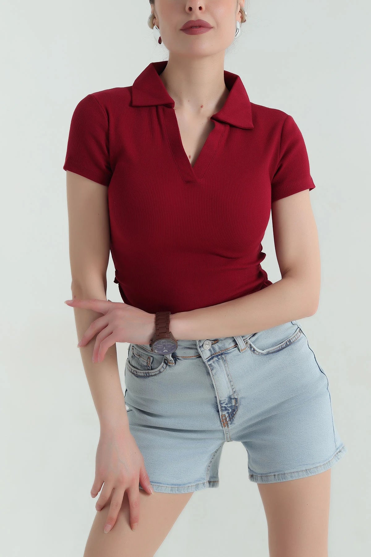 TheFlexo Half Sleeve Ribbed Knit Polo Thermal Top - Maroon - (Short Sleeves)