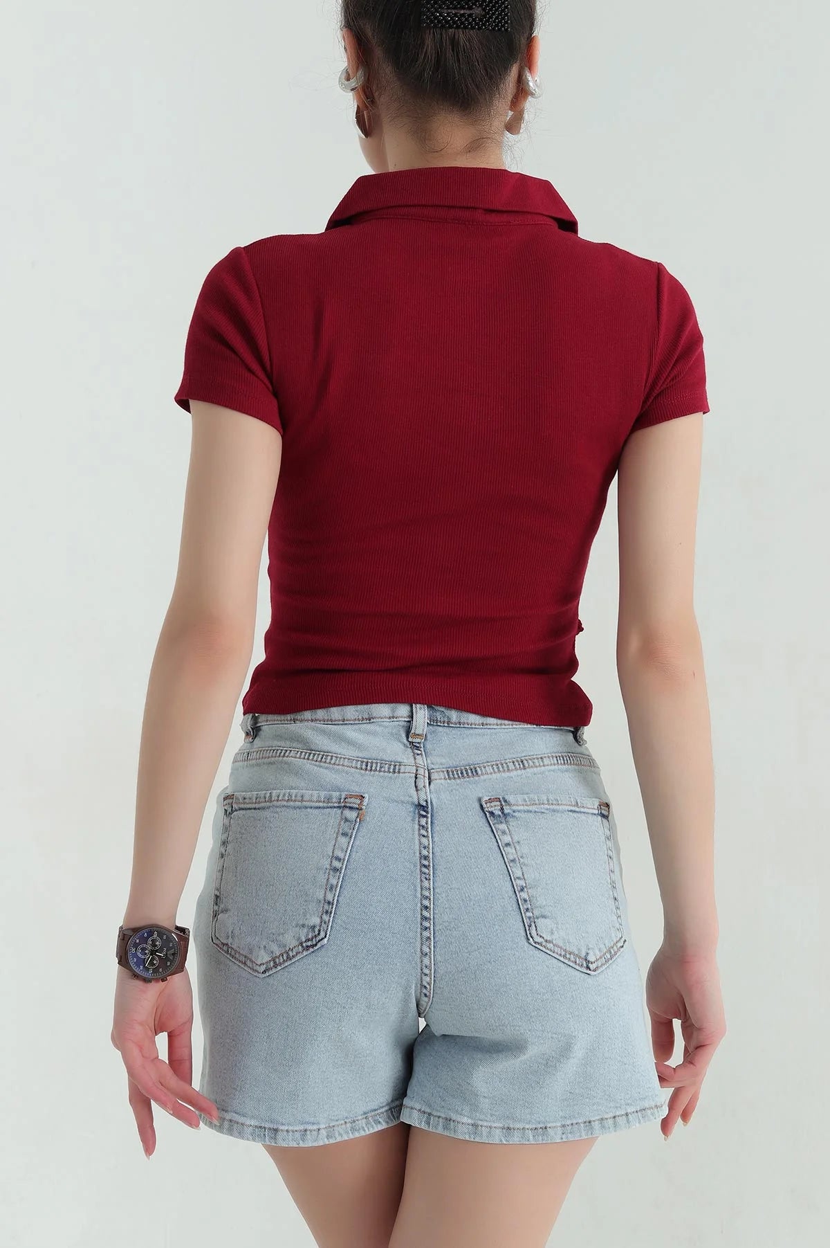 TheFlexo Half Sleeve Ribbed Knit Polo Thermal Top - Maroon - (Short Sleeves)