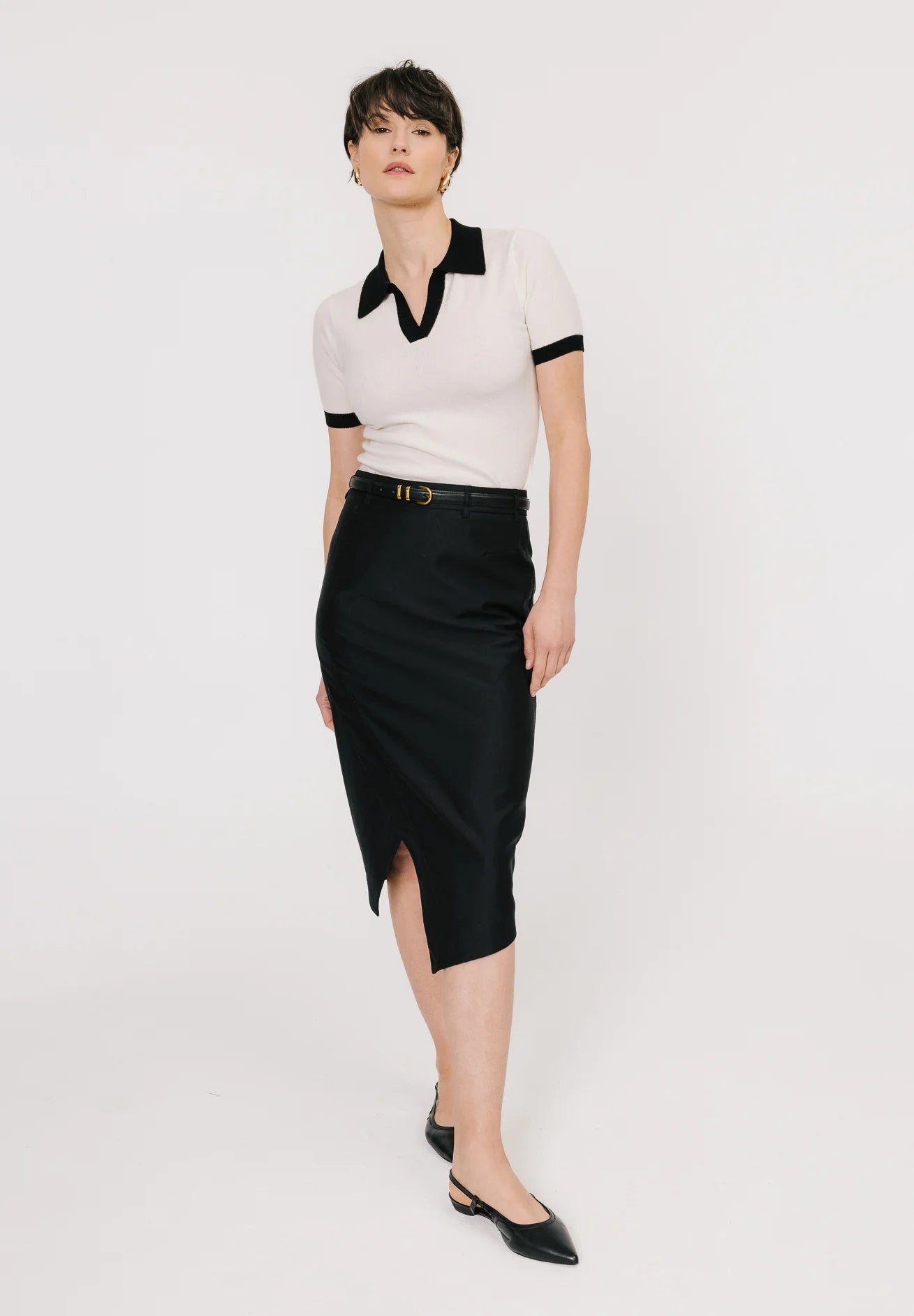 TheFlexo Half Sleeve Ribbed Knit Polo Thermal Top - Biege - (Short Sleeves)