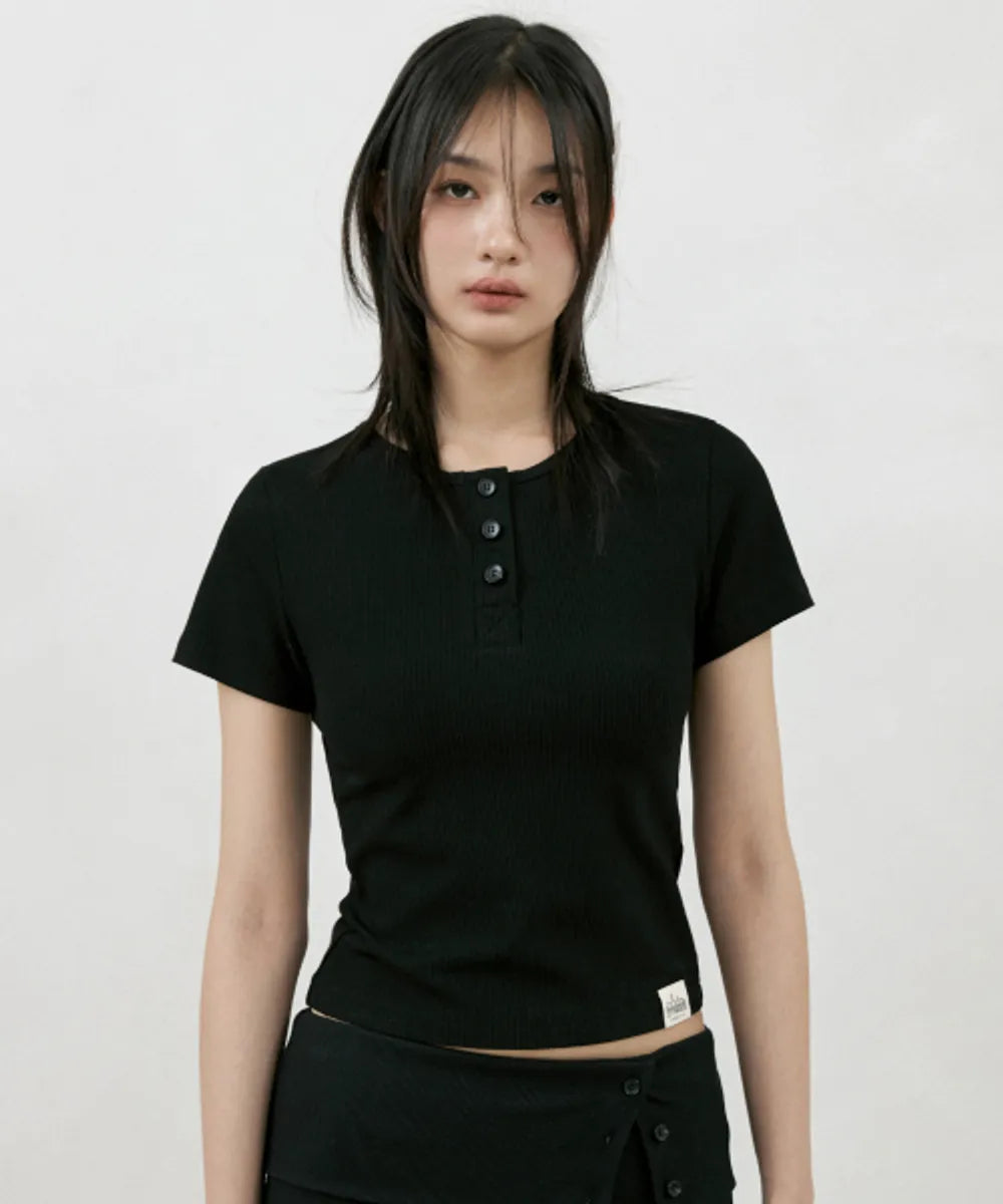 TheFlexo Rib Knit Button Tee - Black - Half Sleeves