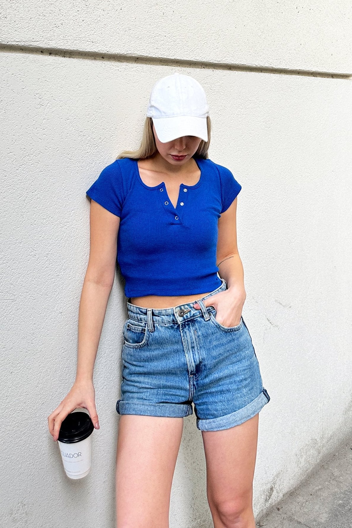 TheFlexo Rib Knit Button Tee - Royal Blue - Half Sleeves