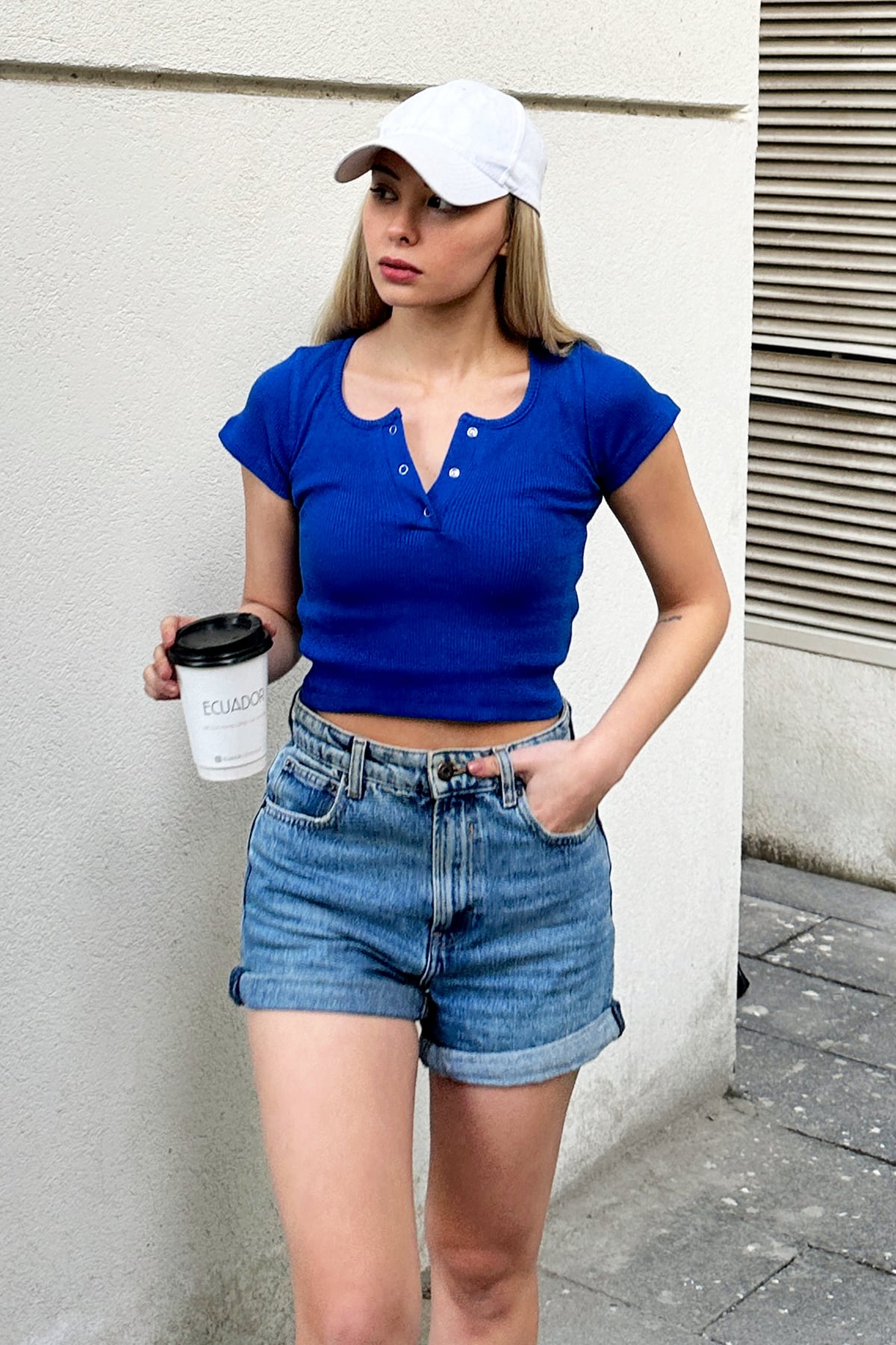 TheFlexo Rib Knit Button Tee - Royal Blue - Half Sleeves