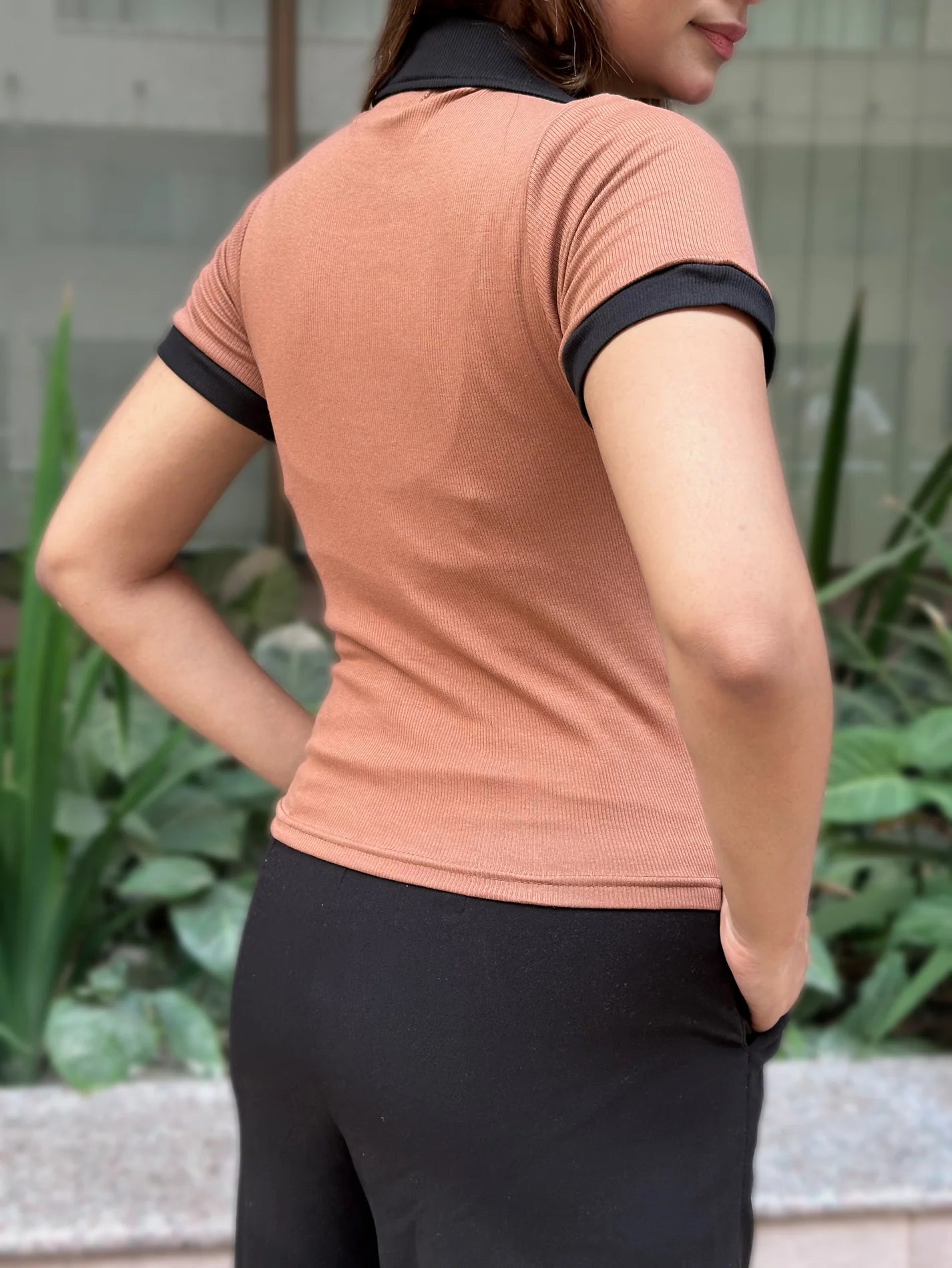 TheFlexo Half Sleeve Ribbed Knit Polo Thermal Top - Camel Brown - (Short Sleeves)