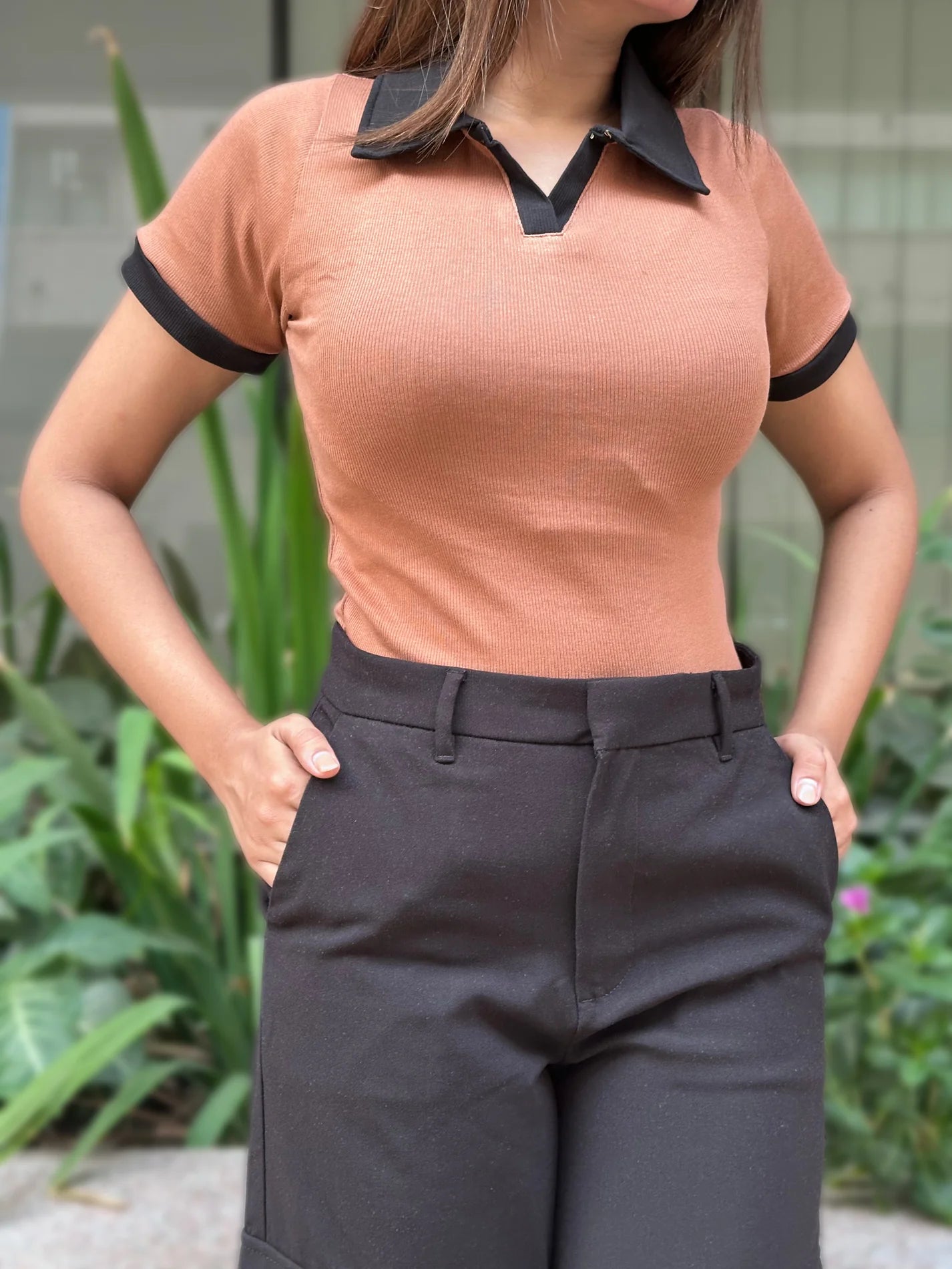 TheFlexo Half Sleeve Ribbed Knit Polo Thermal Top - Camel Brown - (Short Sleeves)