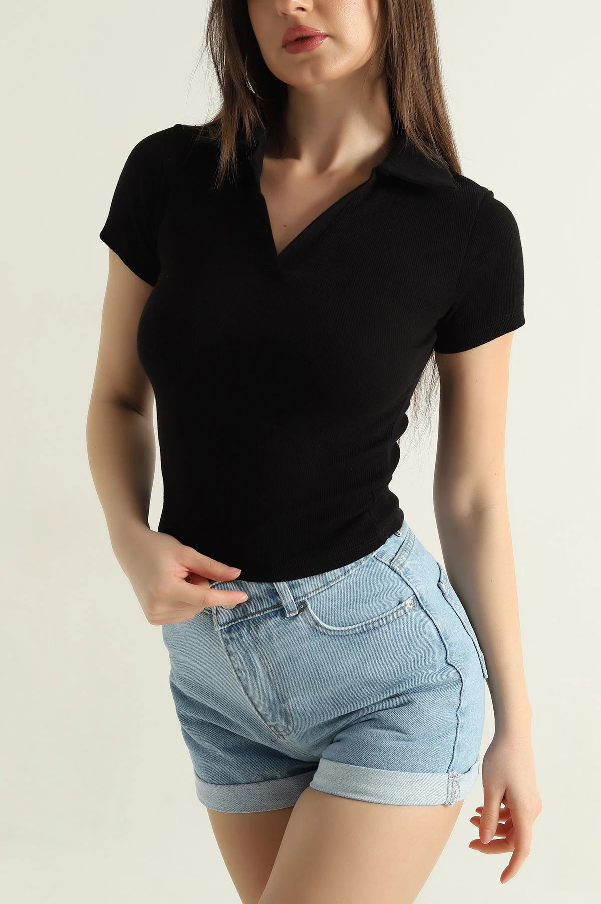 TheFlexo Half Sleeve Ribbed Knit Polo Thermal Top - Black - (Short Sleeves)