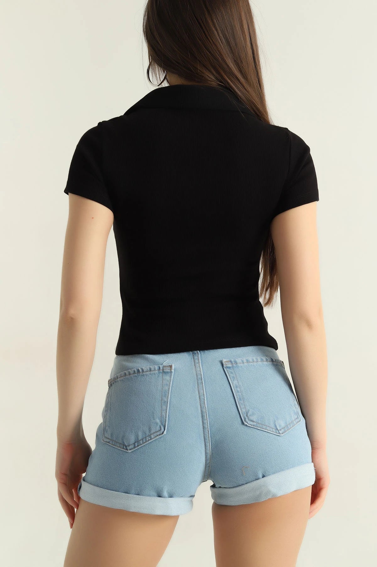 TheFlexo Half Sleeve Ribbed Knit Polo Thermal Top - Black - (Short Sleeves)