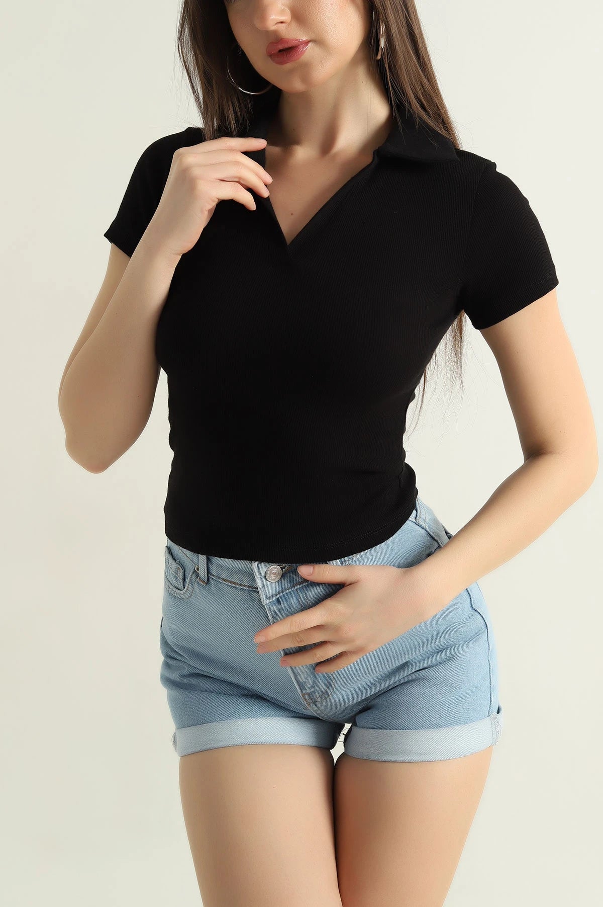 TheFlexo Half Sleeve Ribbed Knit Polo Thermal Top - Black - (Short Sleeves)