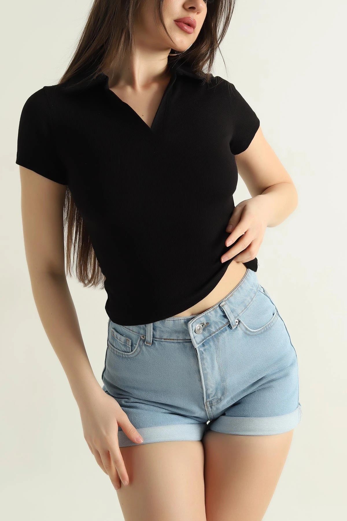 TheFlexo Half Sleeve Ribbed Knit Polo Thermal Top - Black - (Short Sleeves)